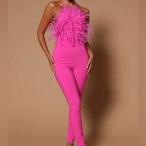 Fashion Nova Hot Pink Ysabel Feathered Jumpsuit